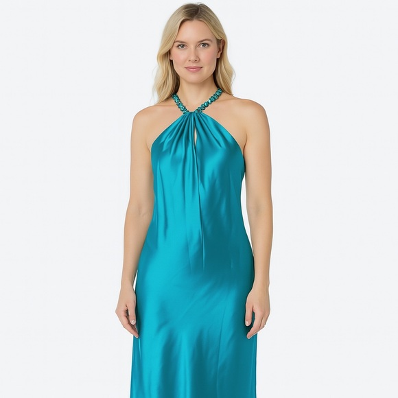 NWT JASON WU Stunning Sleeveless Teal Satin Midi Dress with Chain Halter